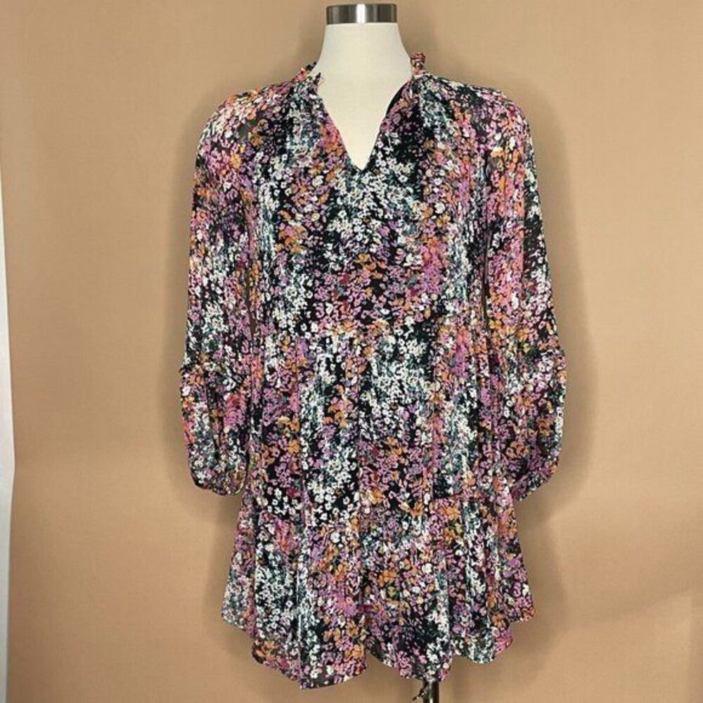 Vince Camuto Orange Floral Tiered Dress Long Sleeve Ruffle Neck Size Small